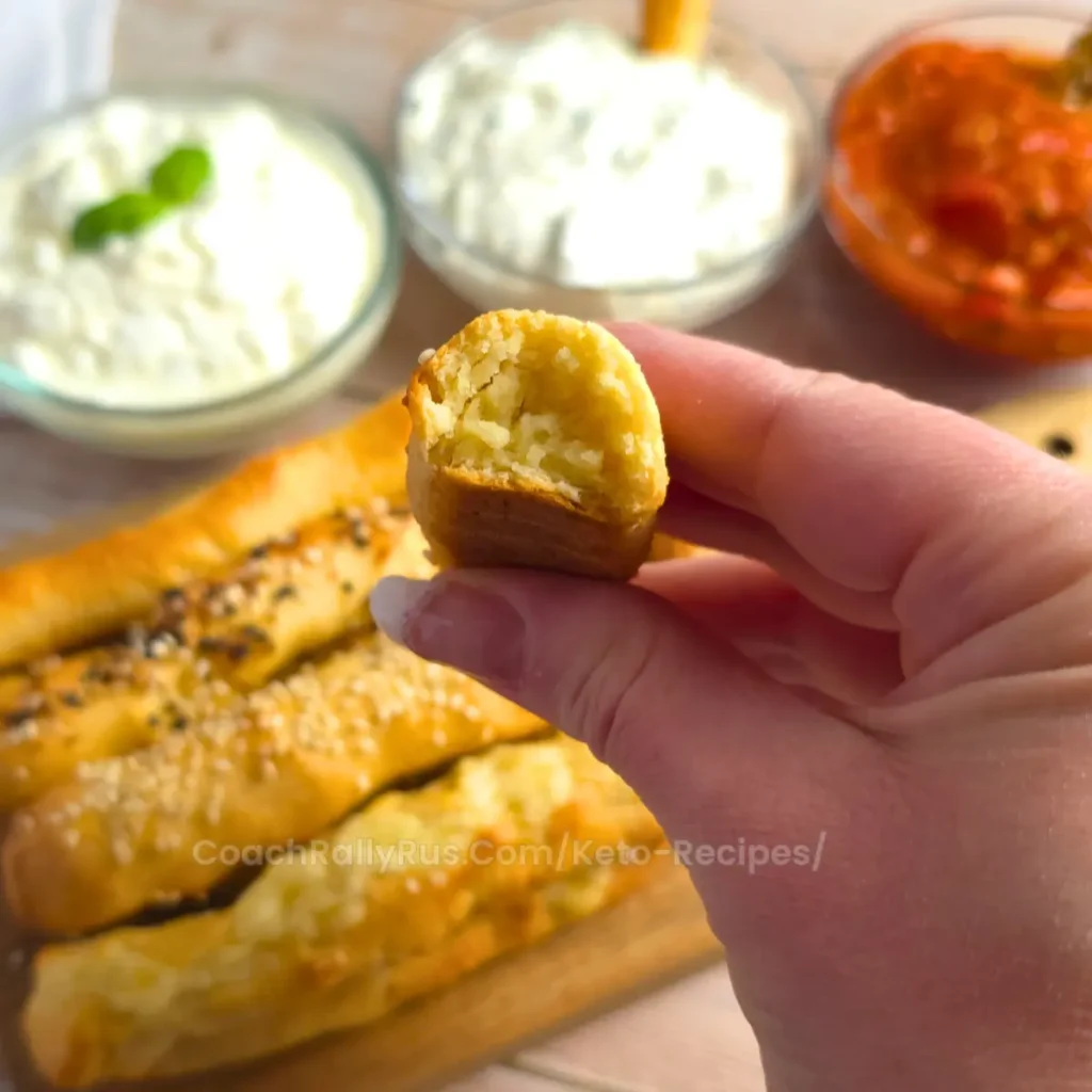 A bite of keto garlic parmesan breadstick showing the soft, cheesy interior.