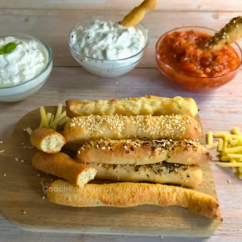 Keto cottage cheese breadsticks with cheese, sesame, and seasoning on a wooden board.