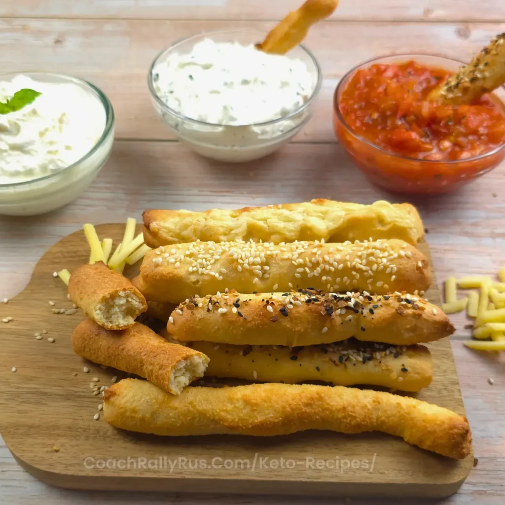 Keto garlic parmesan breadsticks dipped in marinara sauce and served with creamy dips.