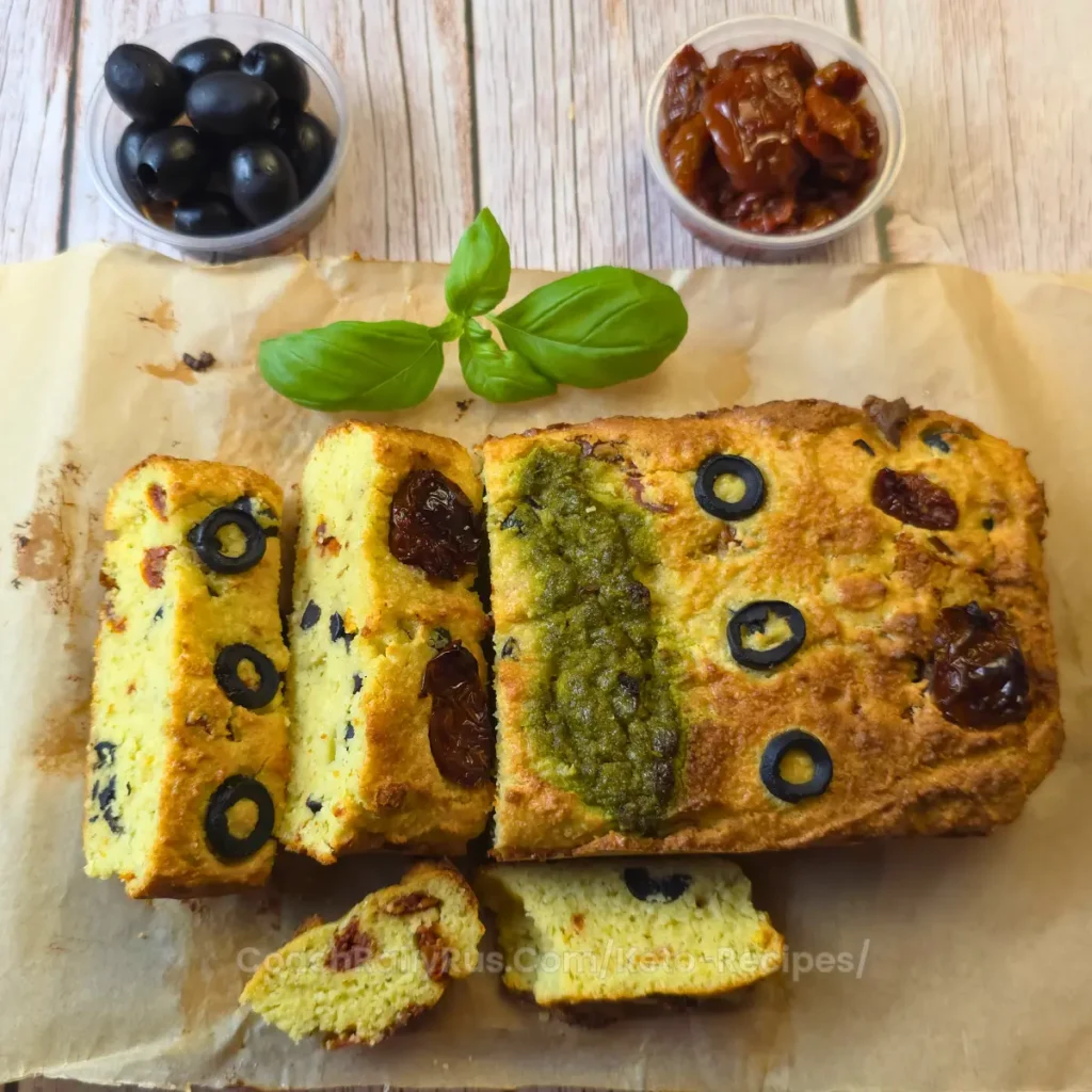 Sliced keto cottage cheese bread with sun-dried tomatoes, olives, and basil pesto on top.