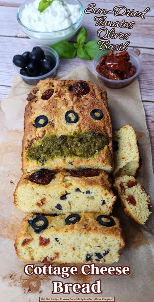 Close-up of crispy, golden keto cottage cheese bread slices with olives and sun-dried tomatoes.