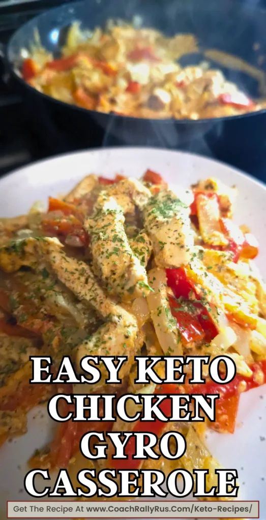 Pinterest-friendly keto chicken gyro casserole with bold text overlay.