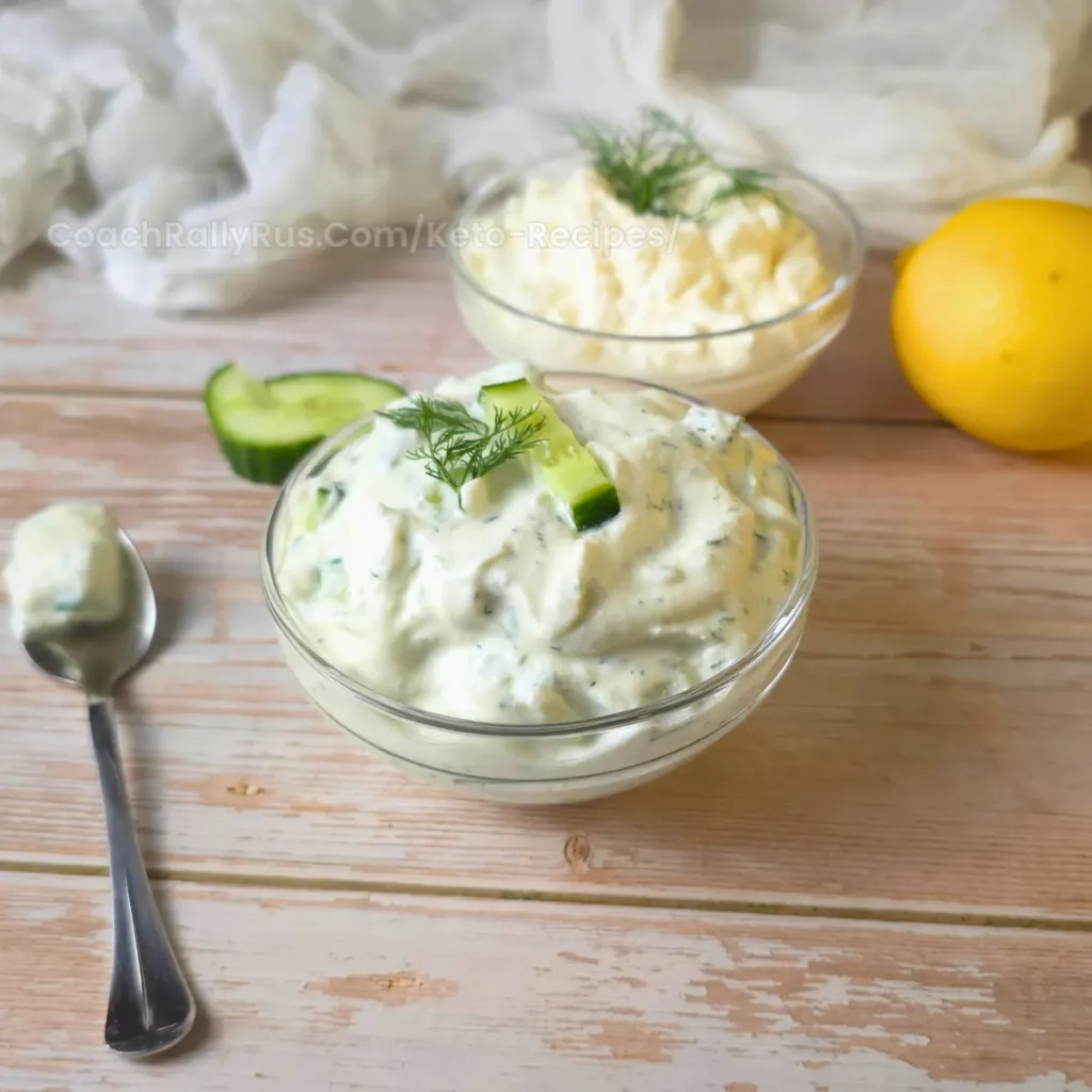 Creamy dill cucumber cottage cheese dip in a glass bowl, garnished with fresh cucumber and dill, with a spoon and lemon in the background.