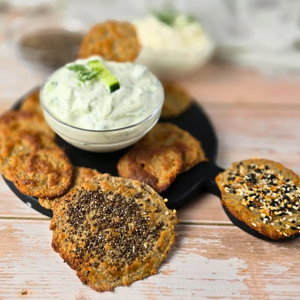 Keto Chia Seeds Cottage Cheese Chips served with cucumber cottage cheese dip and everything bagel seasoning.