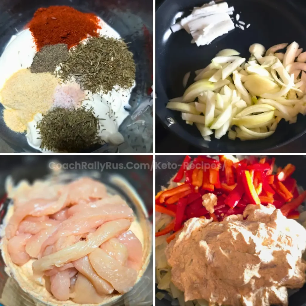 Step-by-step process of making keto chicken gyro casserole with marinade, onions, peppers, and chicken.
