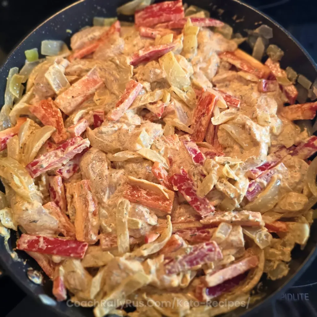 Keto chicken gyro casserole mixed with marinade, onions, and peppers before baking.