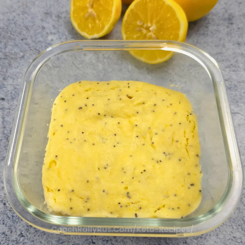 Freshly baked single serving keto lemon cottage cheese bread in a glass container
