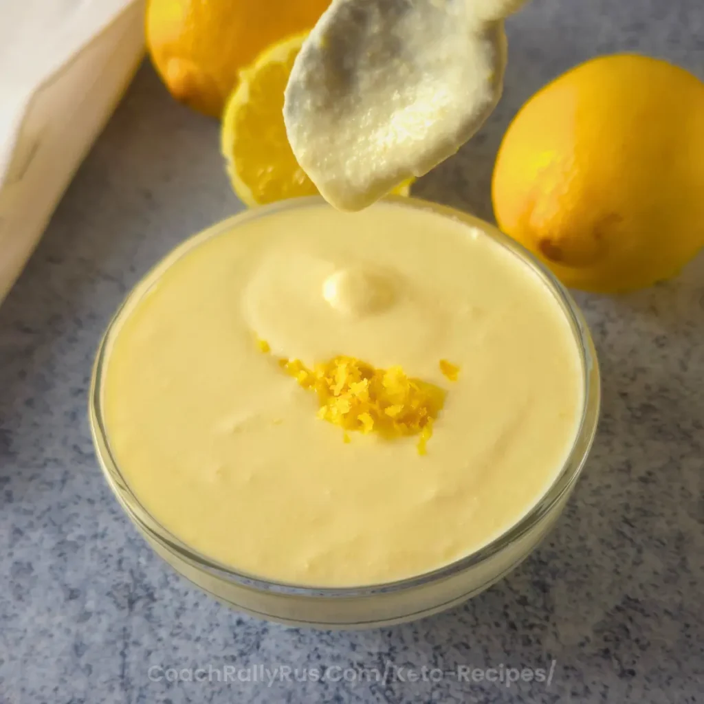 eggless keto lemon curd in glass bowl with lemon zest and spoon