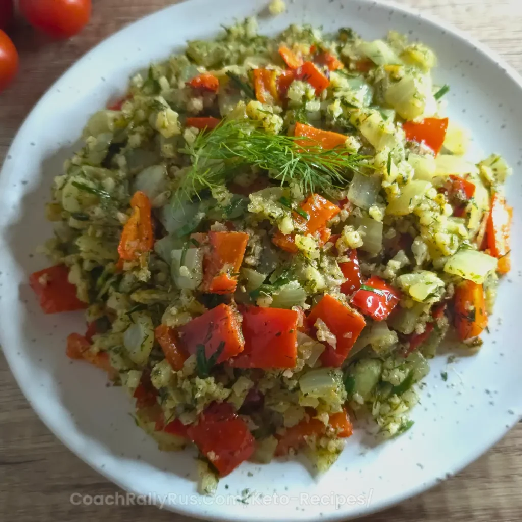 A close-up of a Mediterranean keto omelette with colorful vegetables and fresh herbs.