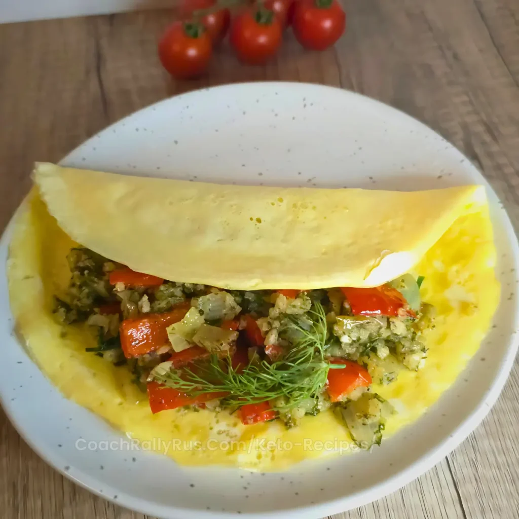 A top-down view of a Mediterranean cauliflower rice stir-fry with red bell peppers, onions, and fresh herbs.