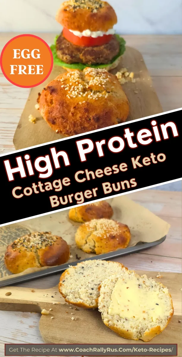 High protein egg free cottage cheese keto burger buns sliced and topped with butter