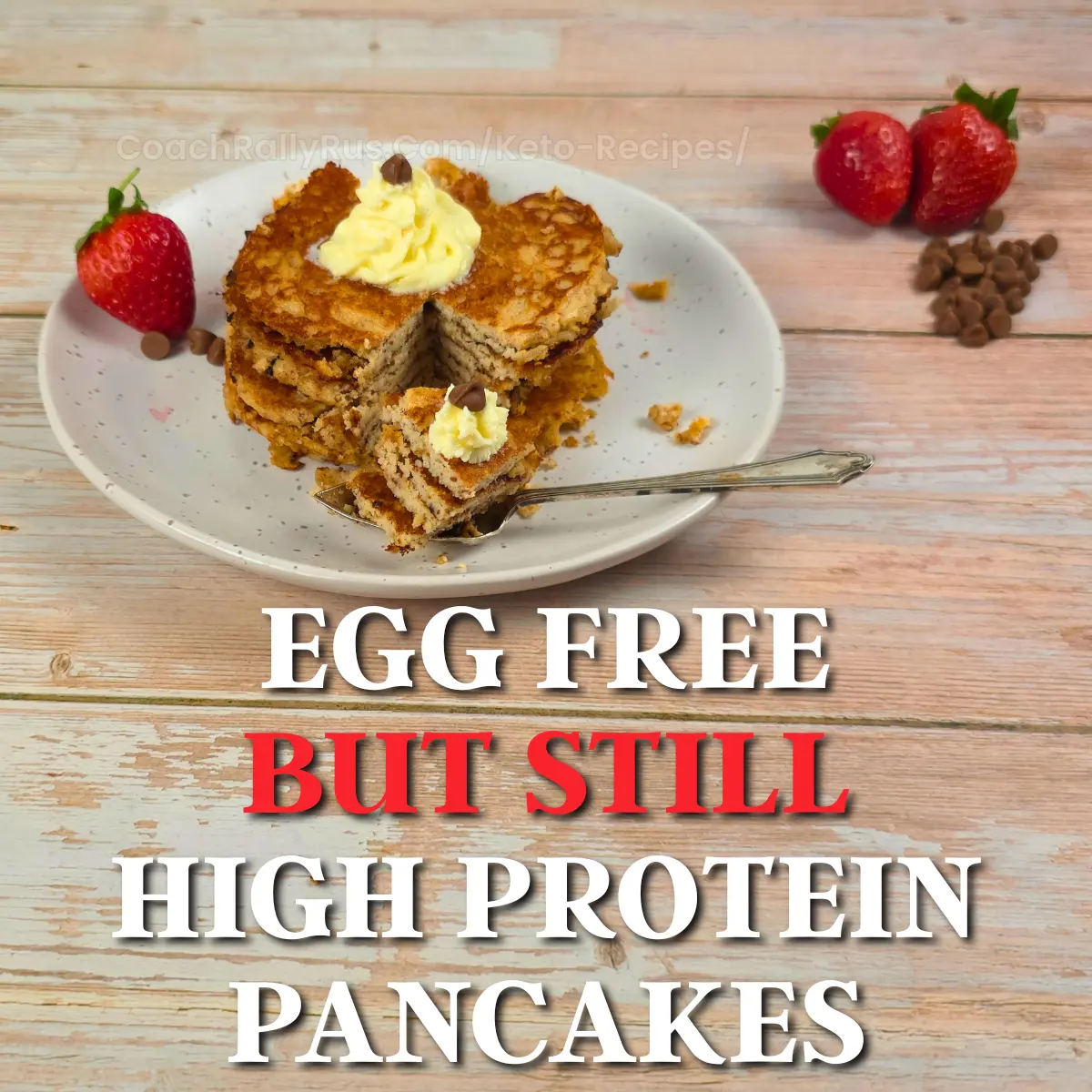 Stack of cottage cheese pancakes cut open with whipped cream and text