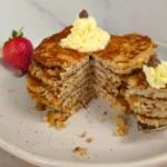 Fluffy interior of cut keto cottage cheese pancakes