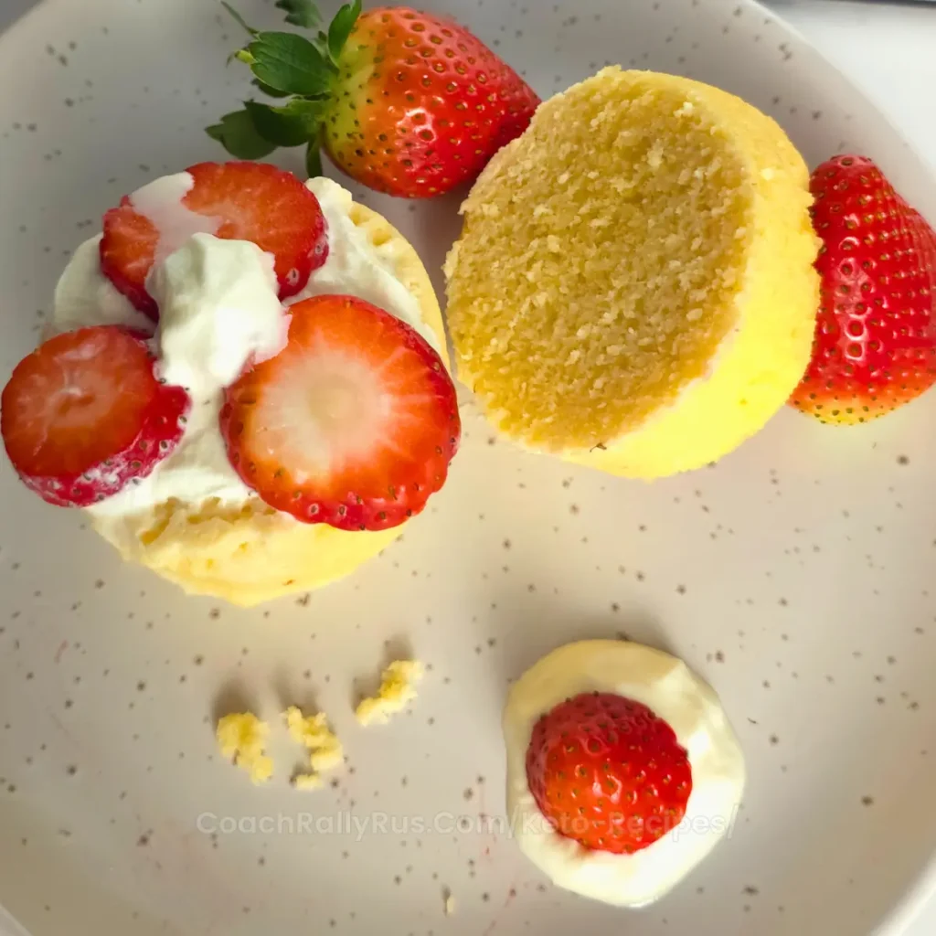 keto mug cake with strawberries, whipped cream, and shortcake layers