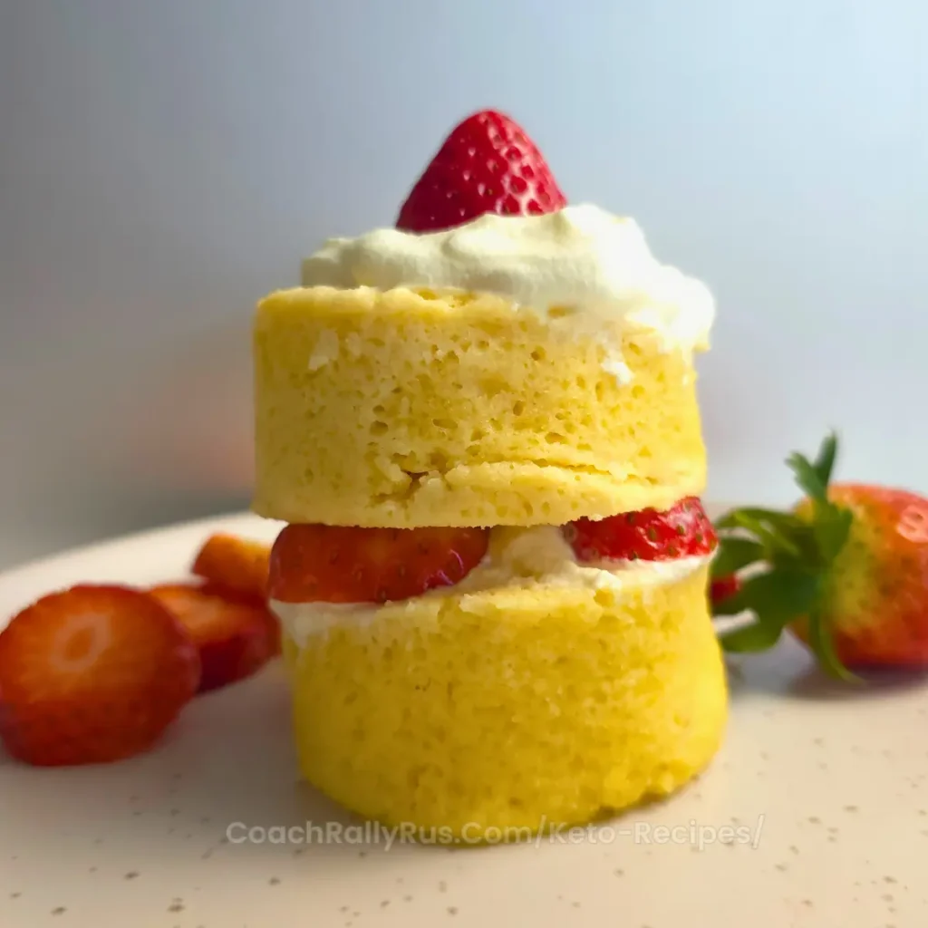 almond flour mug cake sliced with fresh strawberries