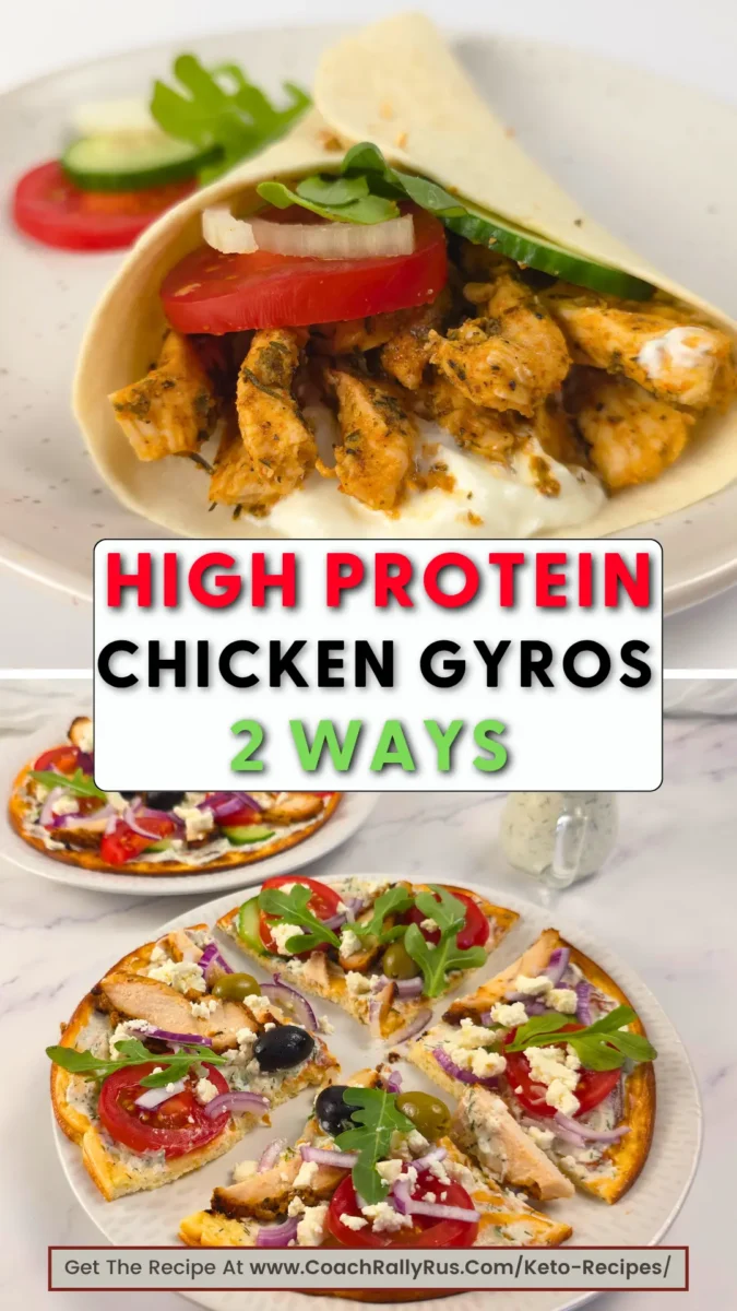 High protein chicken gyros in wrap and pizza style made with cottage cheese