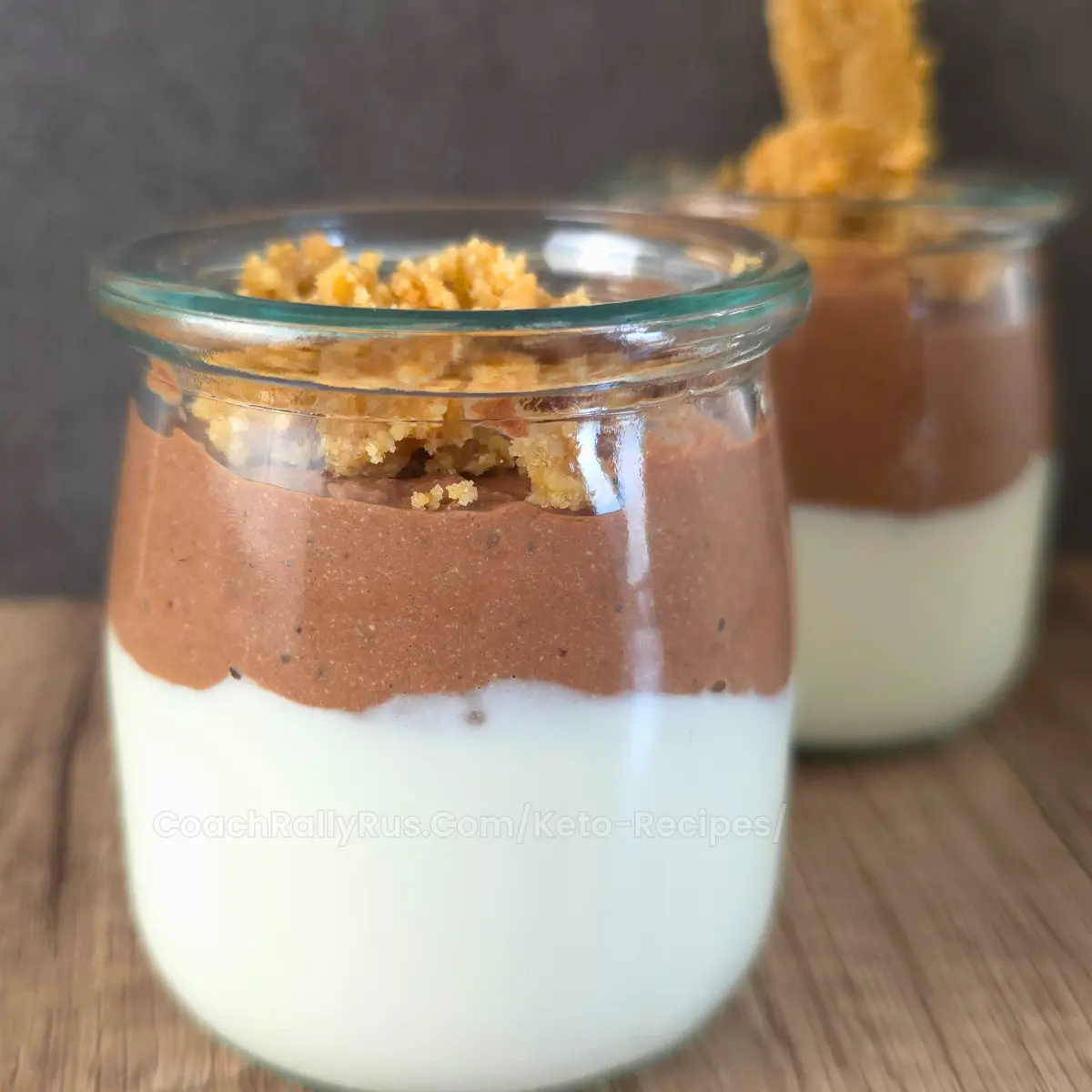 keto chocolate mousse layered with cottage cheese in jars