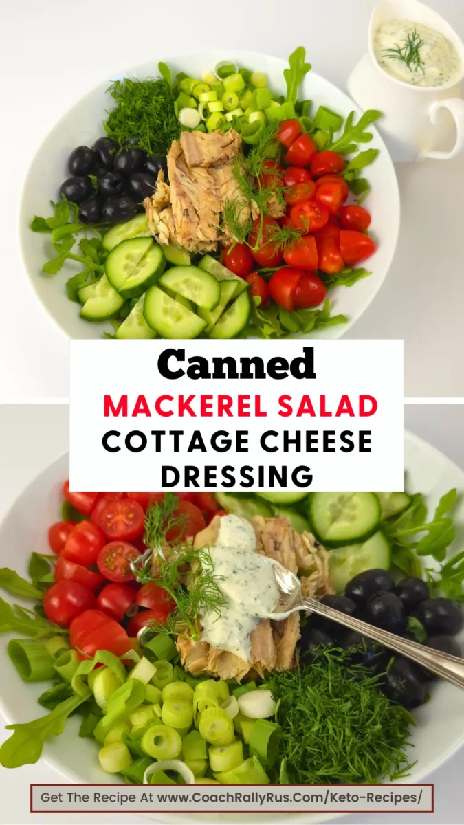 Canned mackerel salad with creamy cottage cheese ranch in a white bowl