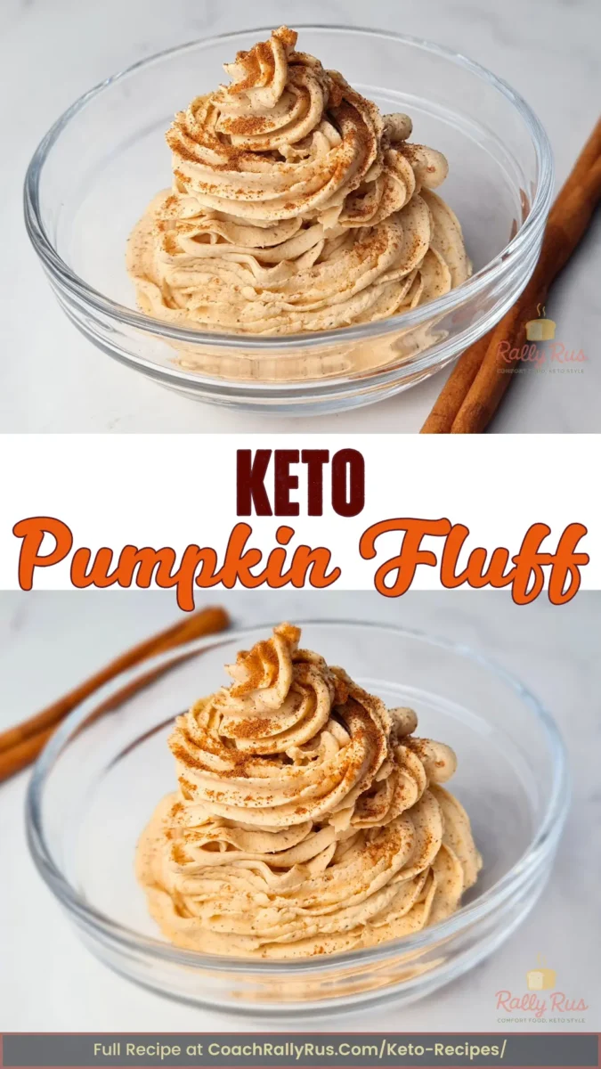Swirled keto pumpkin fluff piped into a glass bowl, dusted with cinnamon