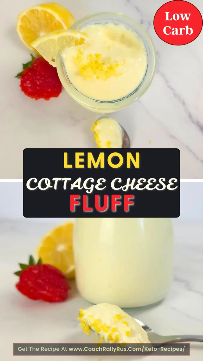 vertical Pinterest pin showing whipped cottage cheese lemon fluff in a jar with lemon zest and fresh fruit