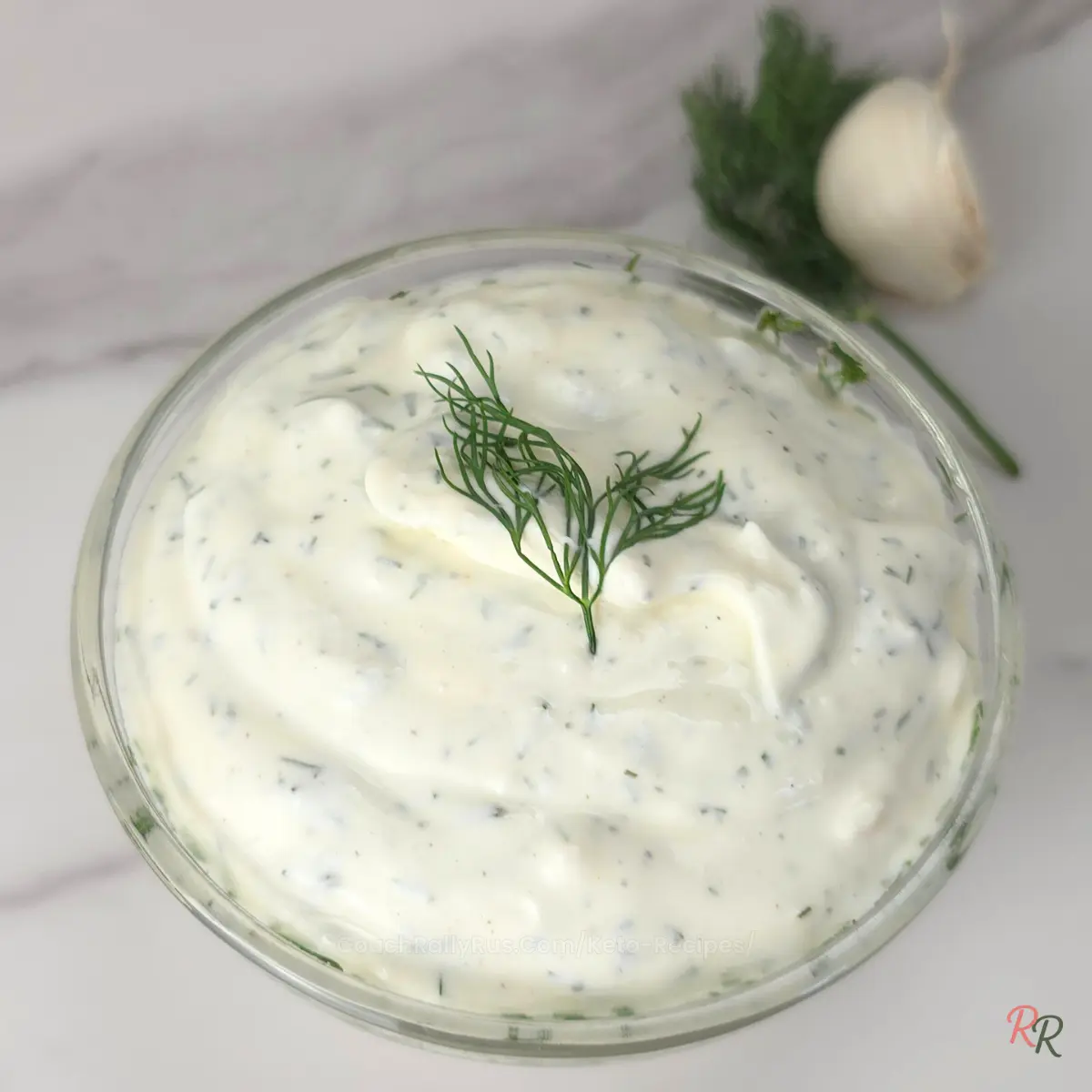 Top-down view of thick garlic dill yogurt sauce in a bowl, garnished with a fresh dill sprig and surrounded by garlic
