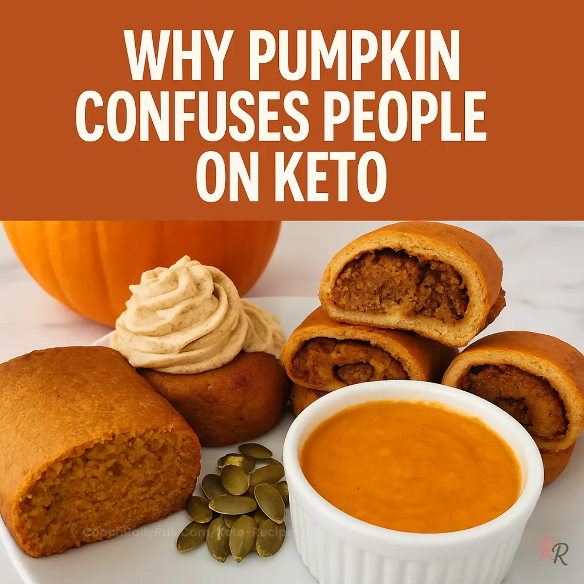 Keto pumpkin treats including muffins, soup, and pinwheels with bold text “Why Pumpkin Confuses People on Keto”