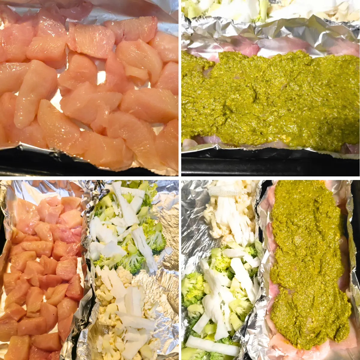 Step-by-step prep of keto chicken and broccoli foil bake