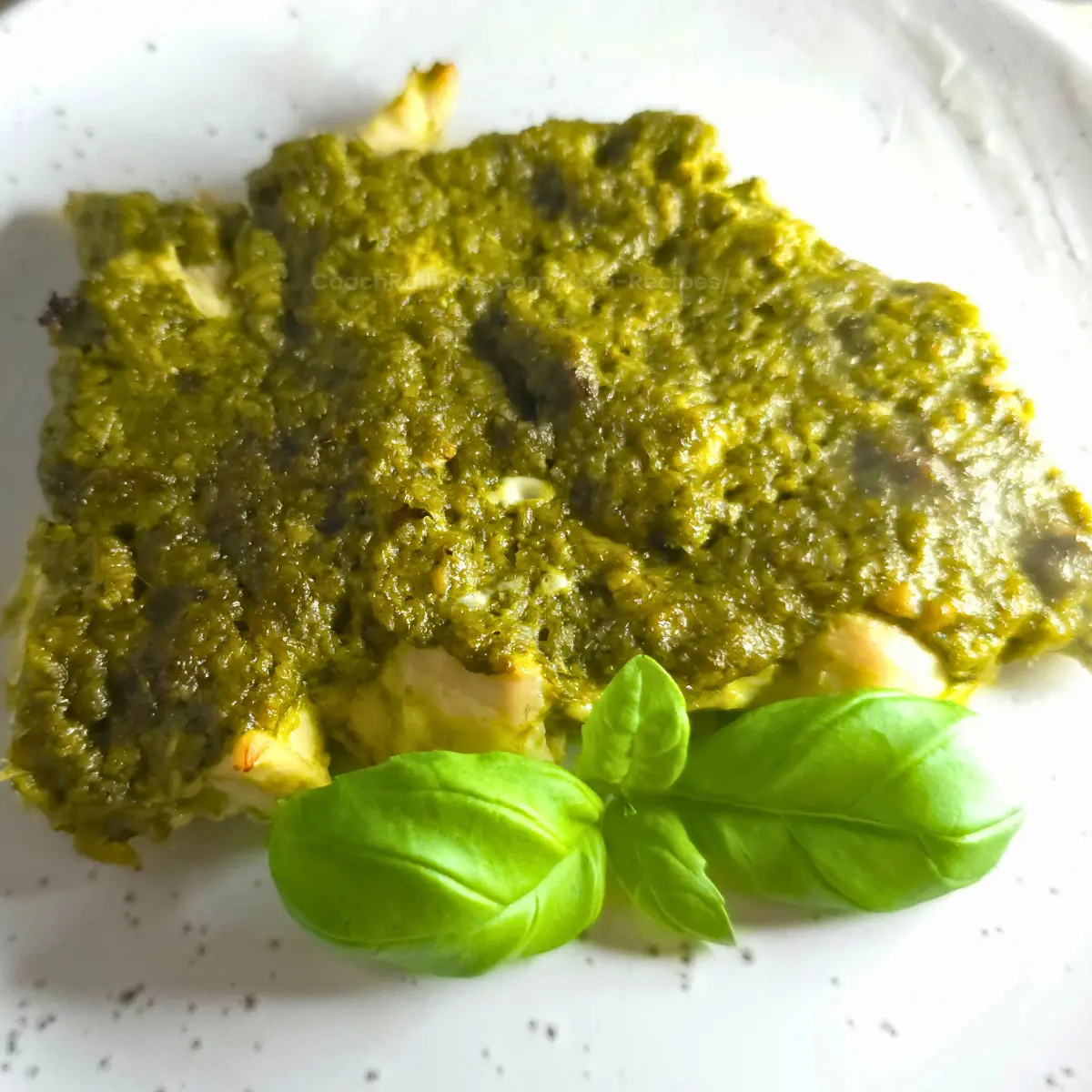 Baked basil pesto chicken served with fresh herbs