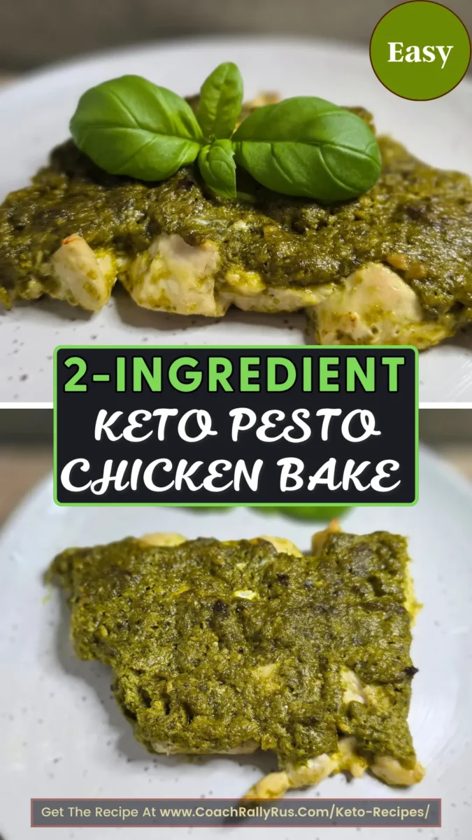 2-ingredient keto pesto chicken bake on a white plate with bold text overlay