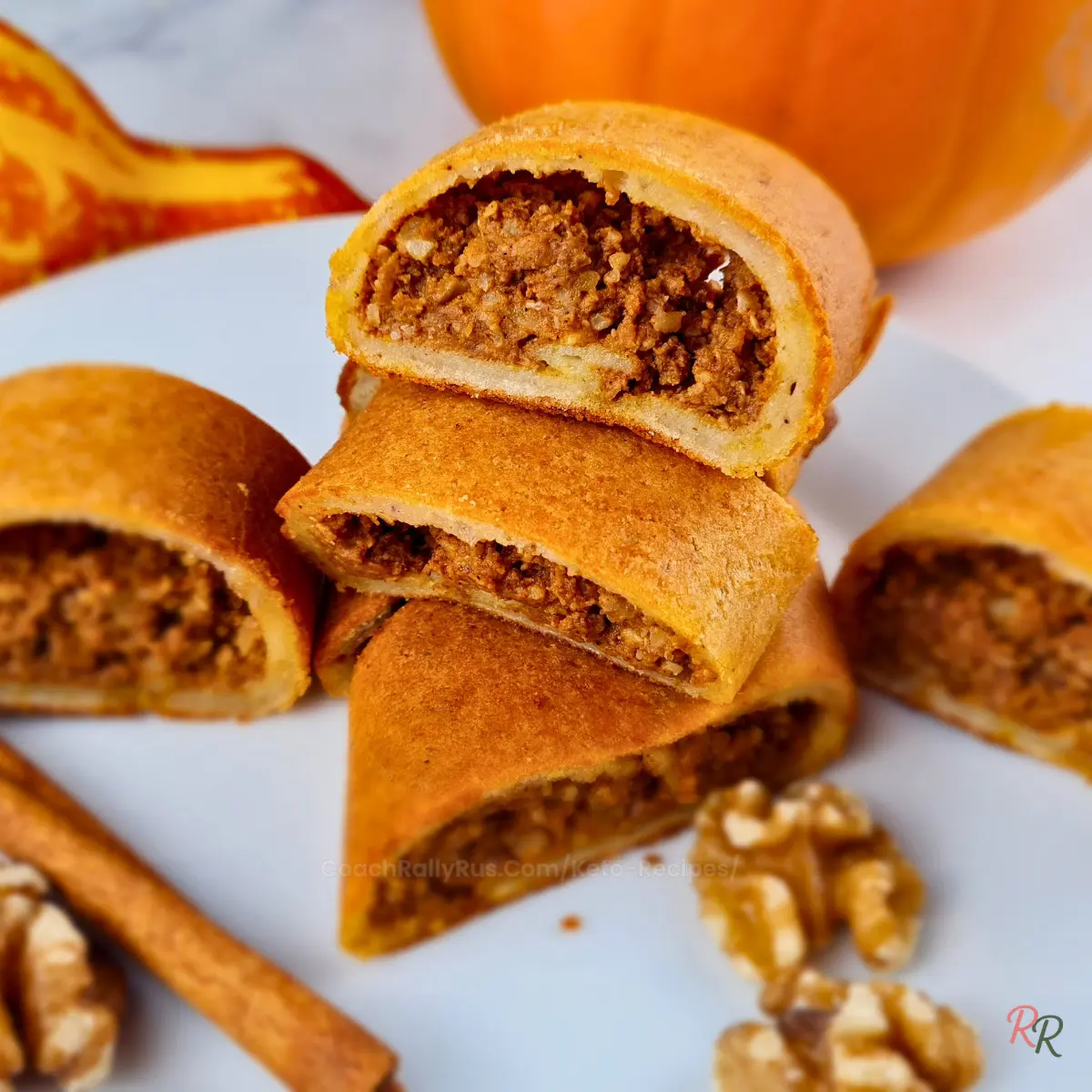 Sugar-free pumpkin walnut pinwheels with golden crust