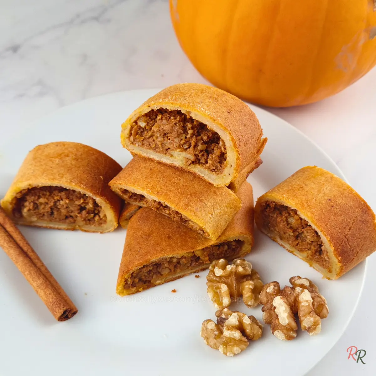 Flaky keto pumpkin rolls with low carb walnut filling
