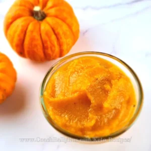 Top view of keto pumpkin puree with small pumpkins