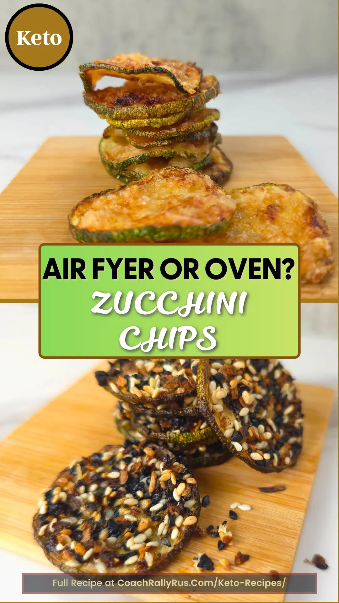 Crispy keto zucchini chips baked or air fried with and without toppings