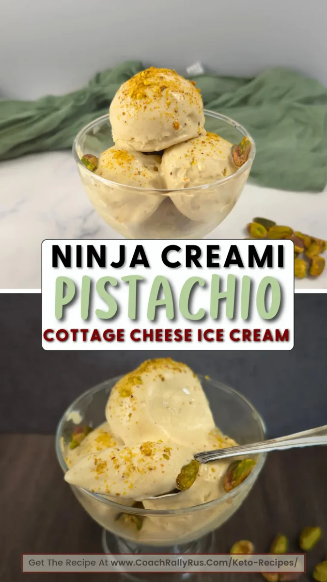 Two scoops of creamy pistachio cottage cheese ice cream in a glass dish with pistachio crumbs, styled for Pinterest with bold text overlay.