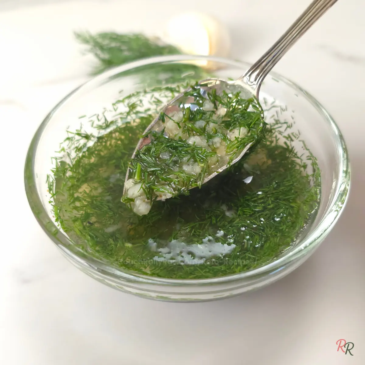Focus on finely chopped garlic and dill in apple cider vinegar base on a spoon