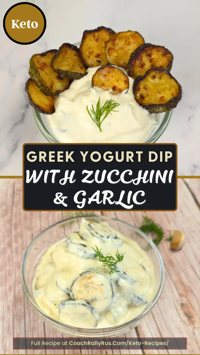 Greek yogurt dip with zucchini and garlic in a tall pin layout with text overlay