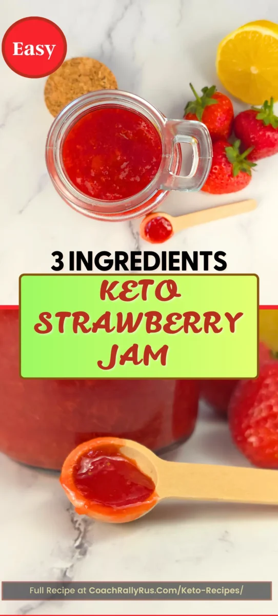 Low carb 3 ingredient strawberry jam in a jar with spoon, lemon, berries