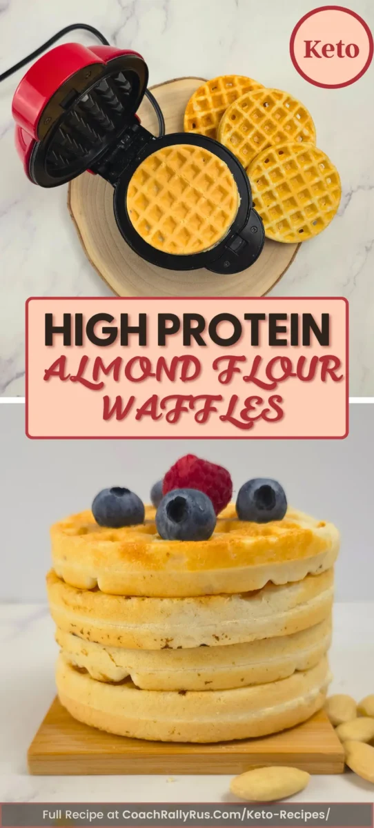 Stack of fluffy high protein almond flour waffles topped with berries, perfect for a keto breakfast.