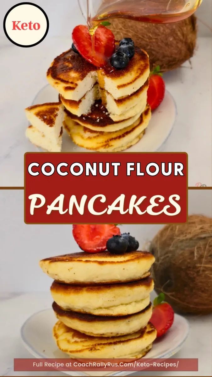 Vertical Pinterest pin for keto coconut flour pancakes with sliced stack, syrup pour, and title text