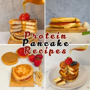 Collage of high protein keto pancake recipes including sweet and savory options topped with syrup, strawberries, blueberries, and peanut butter (by Rally Rus).