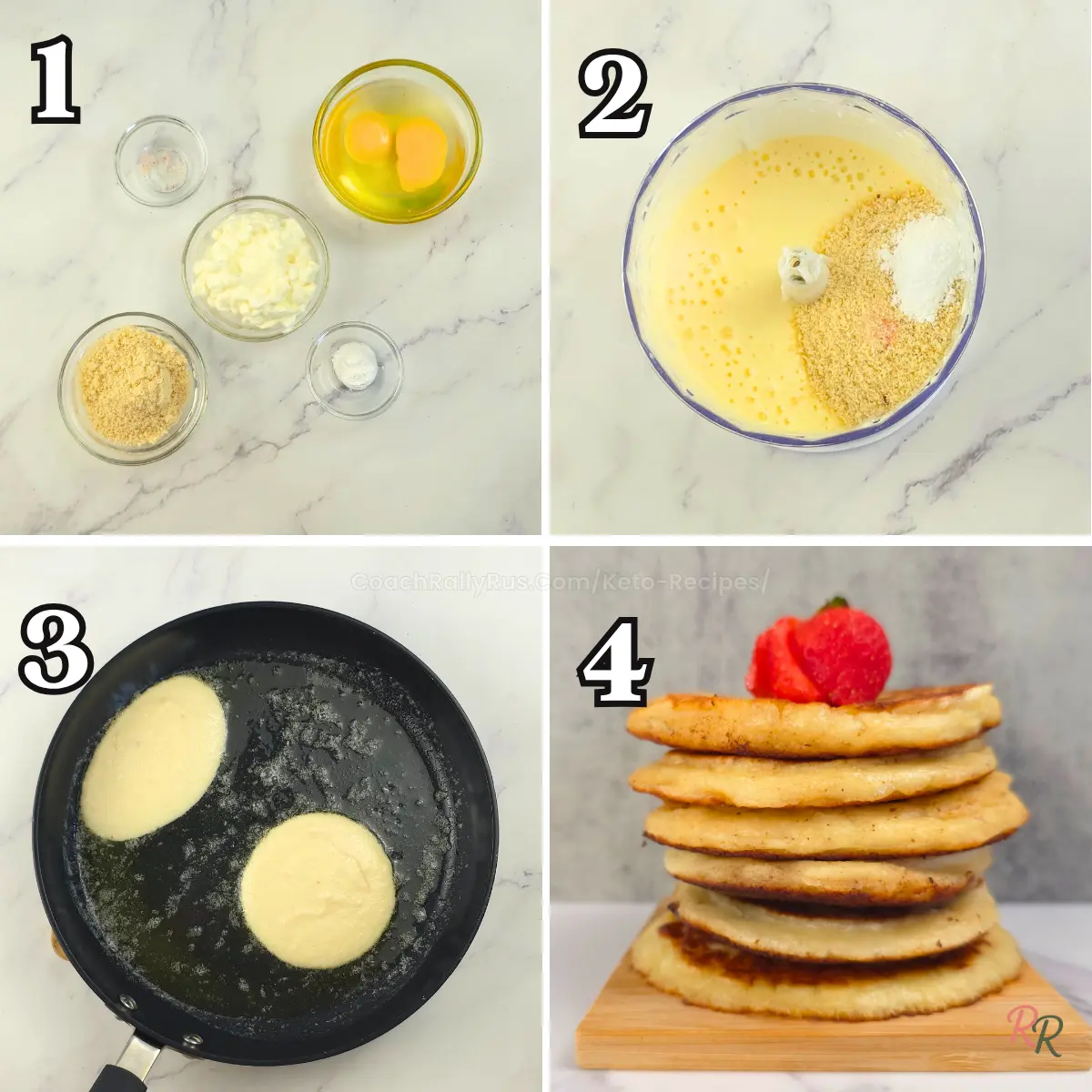 Step-by-step making keto almond flour cottage cheese pancakes in a skillet.