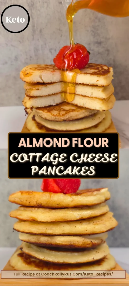 Stack of keto almond flour cottage cheese pancakes topped with strawberry and sugar-free syrup.