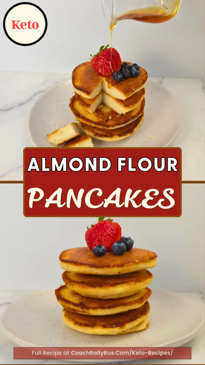 Keto almond flour pancakes stacked with berries and syrup
