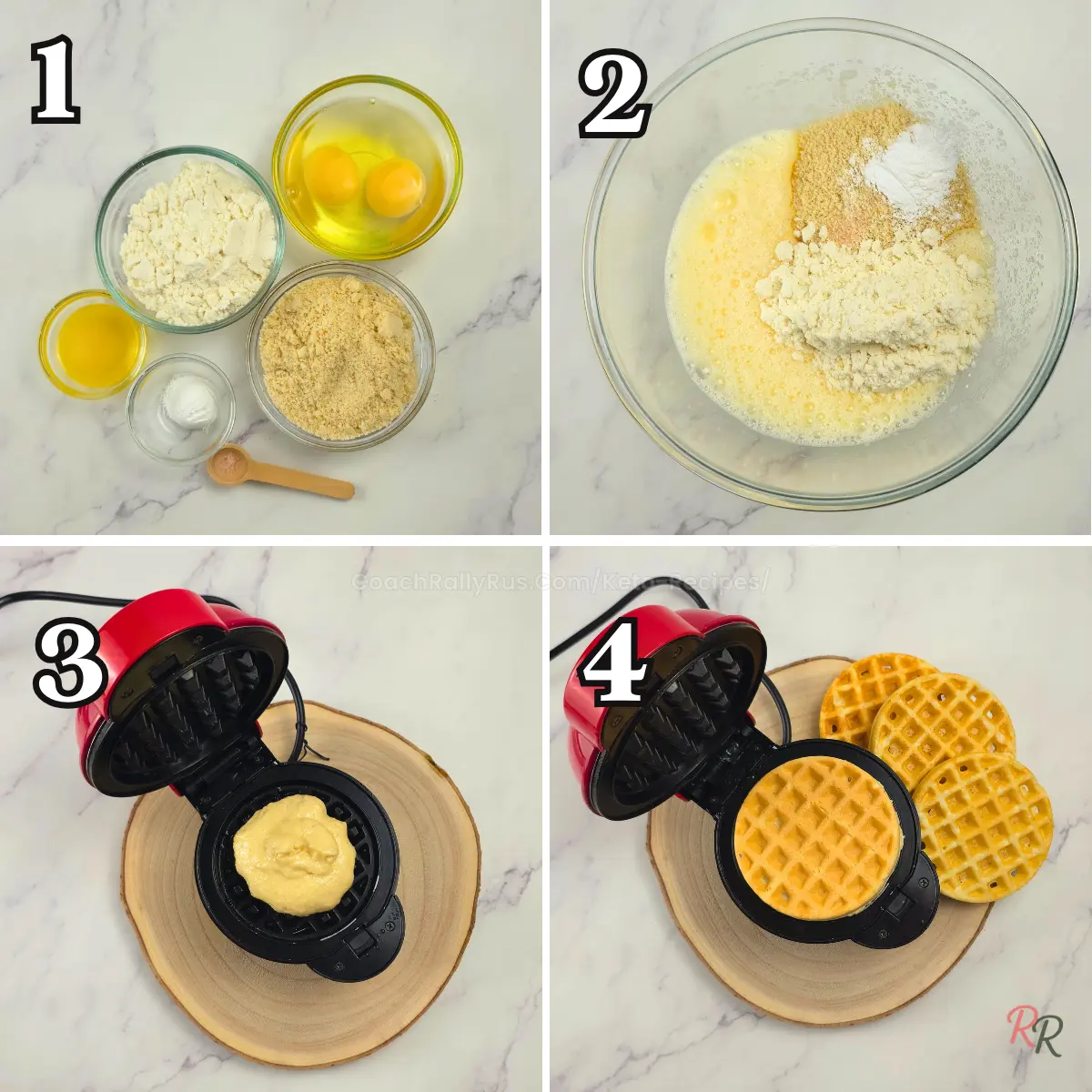 4-step process showing how to make high protein almond flour waffles with protein powder in a mini waffle maker.