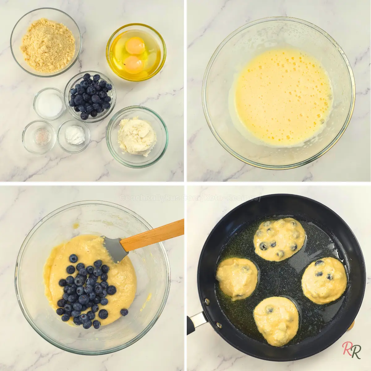 Ingredients, batter, blueberries, and pancakes cooking in a skillet for keto blueberry pancakes