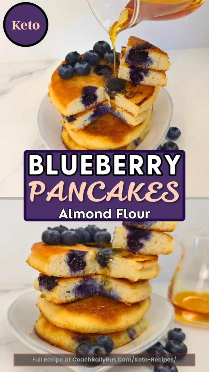 Stack of keto blueberry pancakes with almond flour, topped with fresh berries and syrup