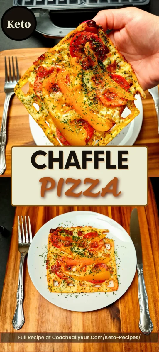 Keto chaffle pizza with pepperoni and bell peppers served on a white plate.