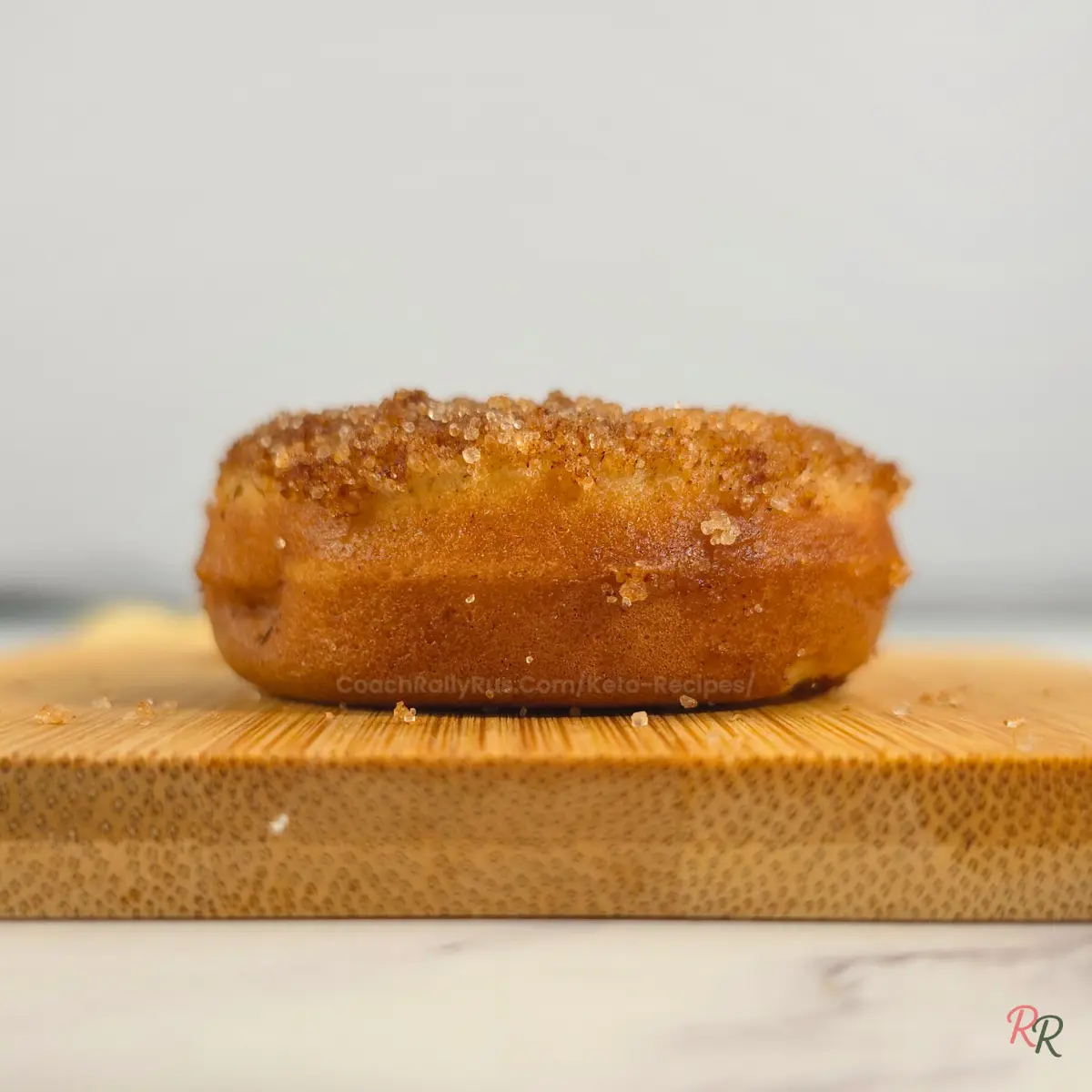 Close-up of a single keto cinnamon sugar donut by Rally Rus.