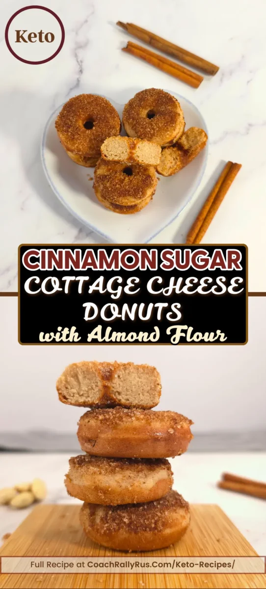 Keto cinnamon sugar cottage cheese donuts stacked on a plate and wooden board with cinnamon sticks