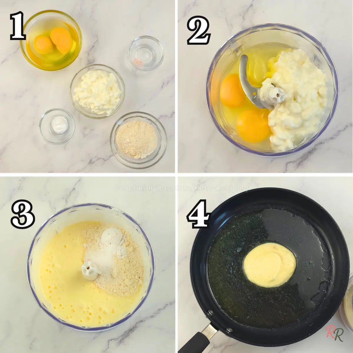 Keto pancake recipe steps showing eggs, cottage cheese, batter, and pan frying